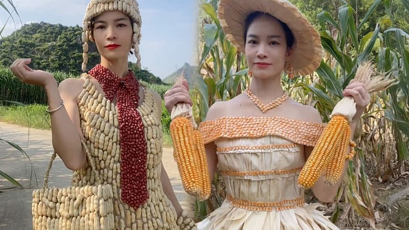 China woman makes dresses from peanut shells, kernels, turning farmland into runway